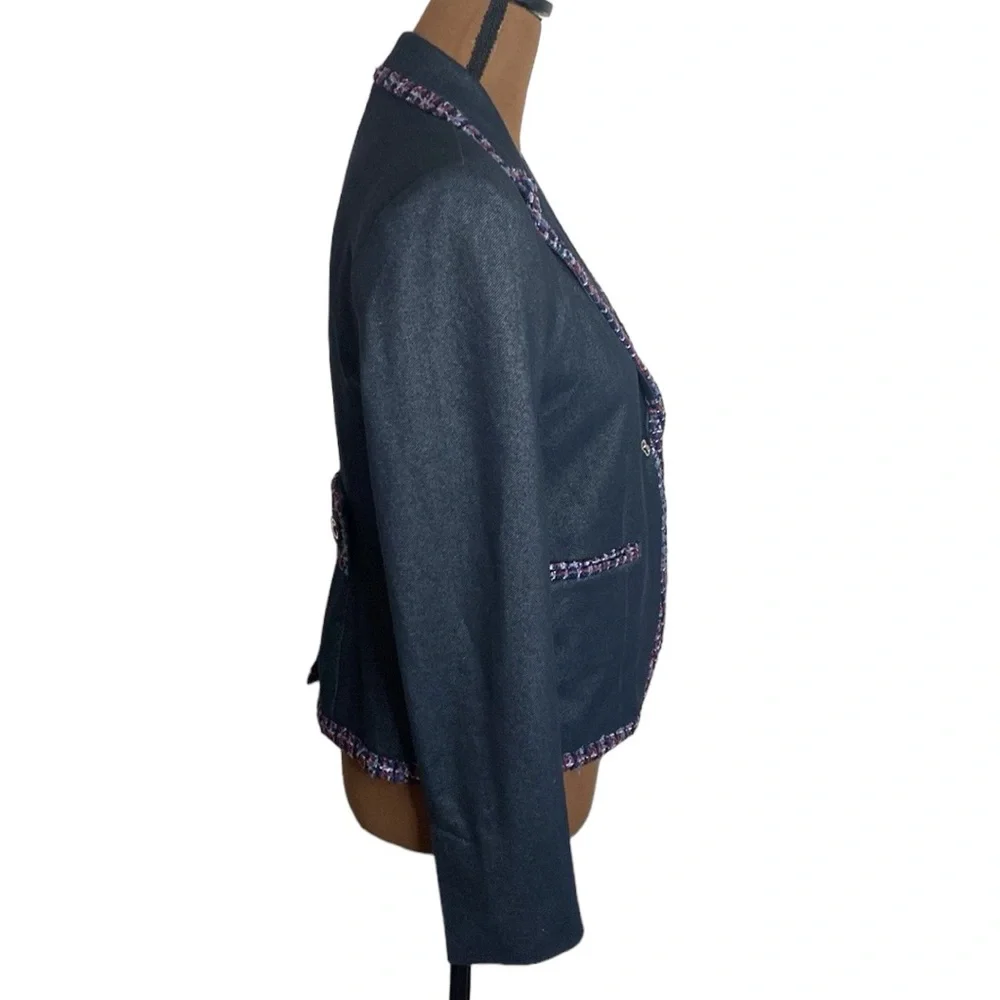 7th Avenue New York & Co denim like tweed ribbon trimmed tailored blazer size S